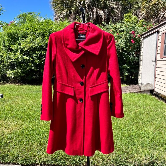 Express Red Wool Princess Mid Length Button Front Pea Coat Size S - Picture 1 of 7